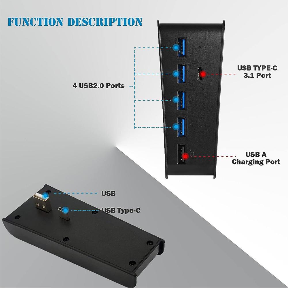 Hub-Adapter für PS5-Konsole mit 5 USB-Anschlüssen+1 Typ-C-Anschluss, Schwarz