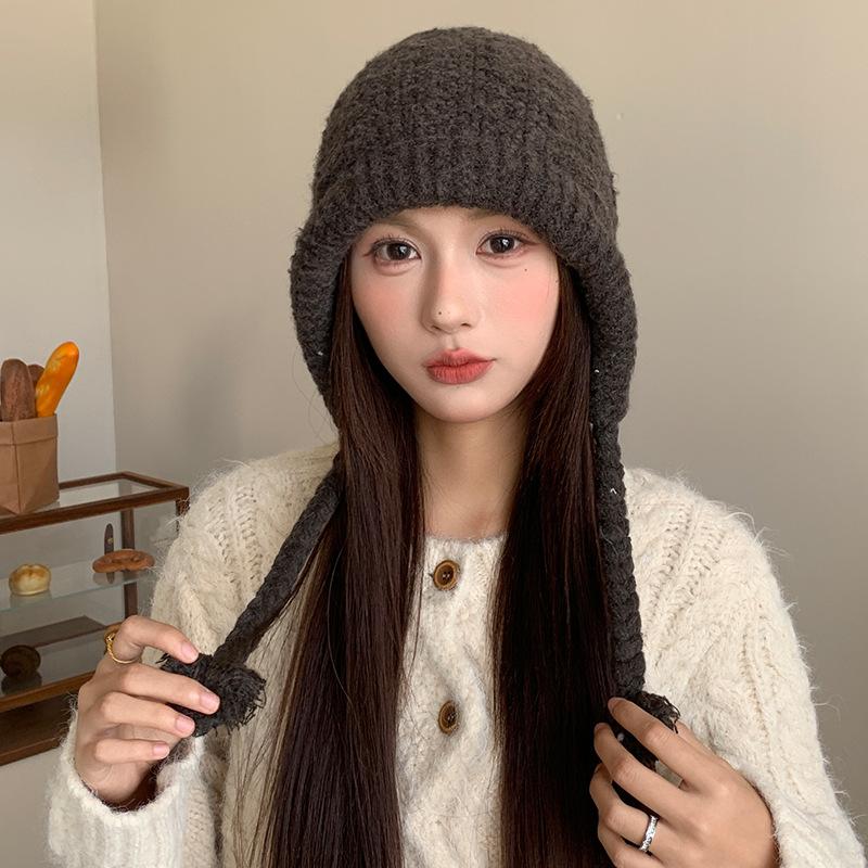 Korean Style Red Balaclava Hat for Women Autumn and Winter Large Head Circumference Woolen Hat Warm Ear Protection Strap Knitted Hat