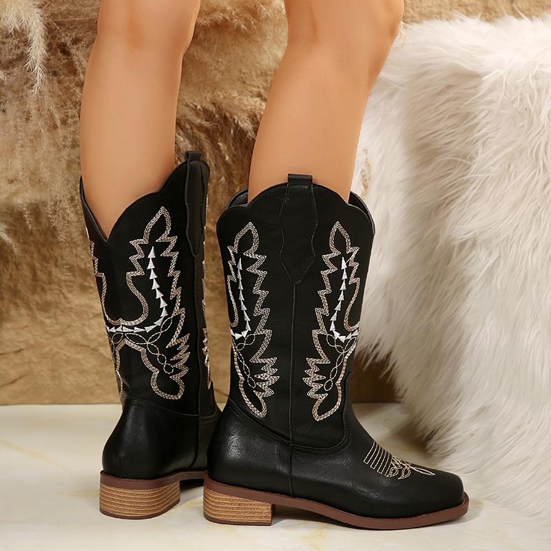 Mode Dames Borduurwerk Mid-Calf Laarzen Vierkante Neus Instappers Western Cowboy Laarzen Vrouw Comfort Lage Hakken PU Leer Rdding Botas Mujer