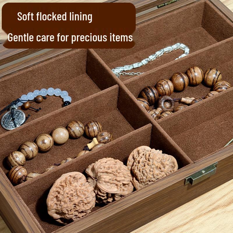 Walnut Grain Jewelry & Glasses Storage Box - Light Luxury, Retro, Dustproof, Large Capacity Display