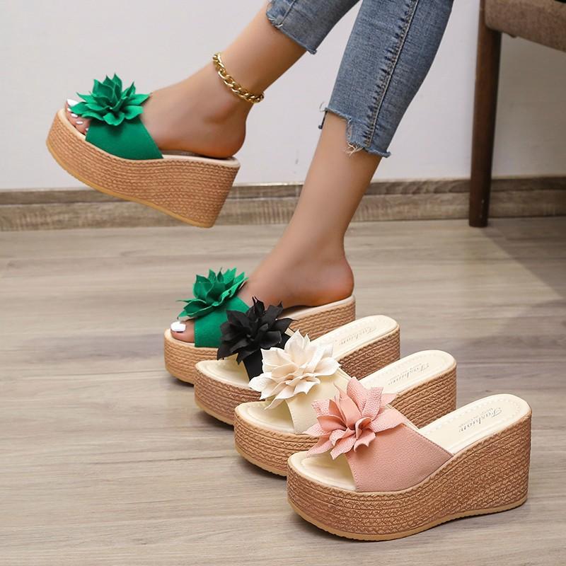 Slippers Women's Outside Casual Fish Mouth High Heel Slippers 2024 Summer New Slope Heel Flower Large Women Sandals Beach Shoes