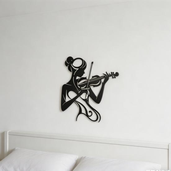 Music Wall Art Black 2D Flat Woman Playing Violin Silhouette Metal Sculpture Feminine Wall Decor for Music Room Studio Housewarming Gift