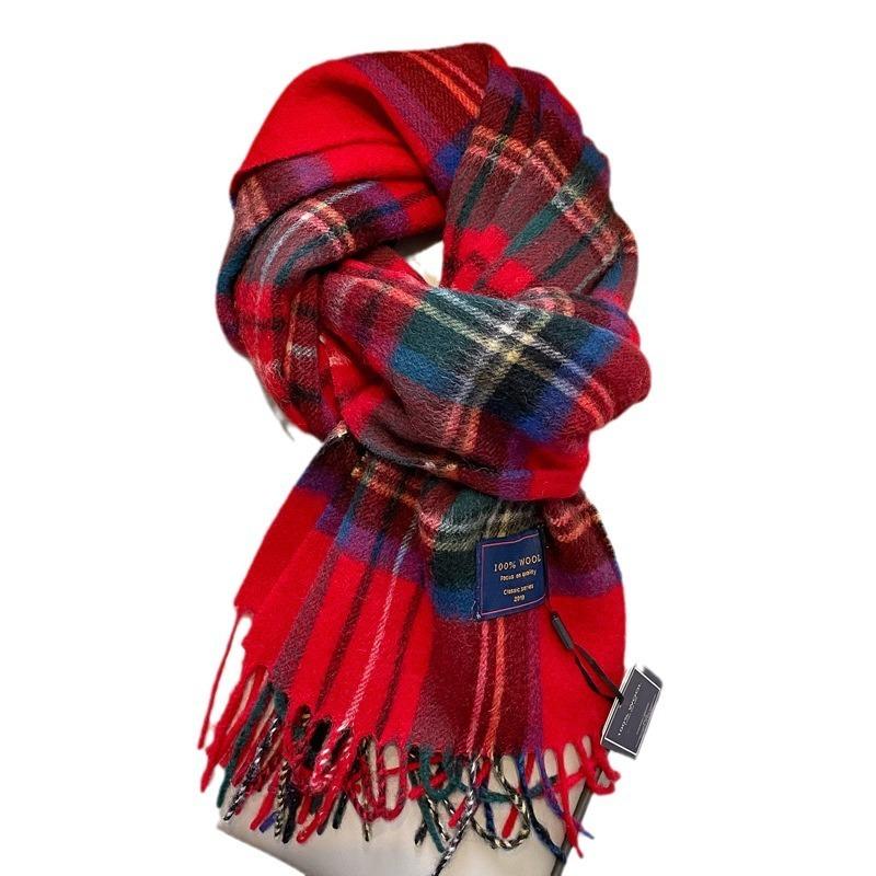 Classic 100 Wool Plaid Red Scarf for Men and Women, Warm Autumn and Winter Cashmere Scarf