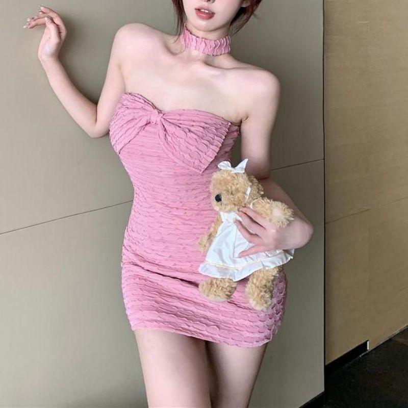 Baumwoll-Off-Shoulder-Kleid mit Schleife und schmaler Passform für lässige Frauen