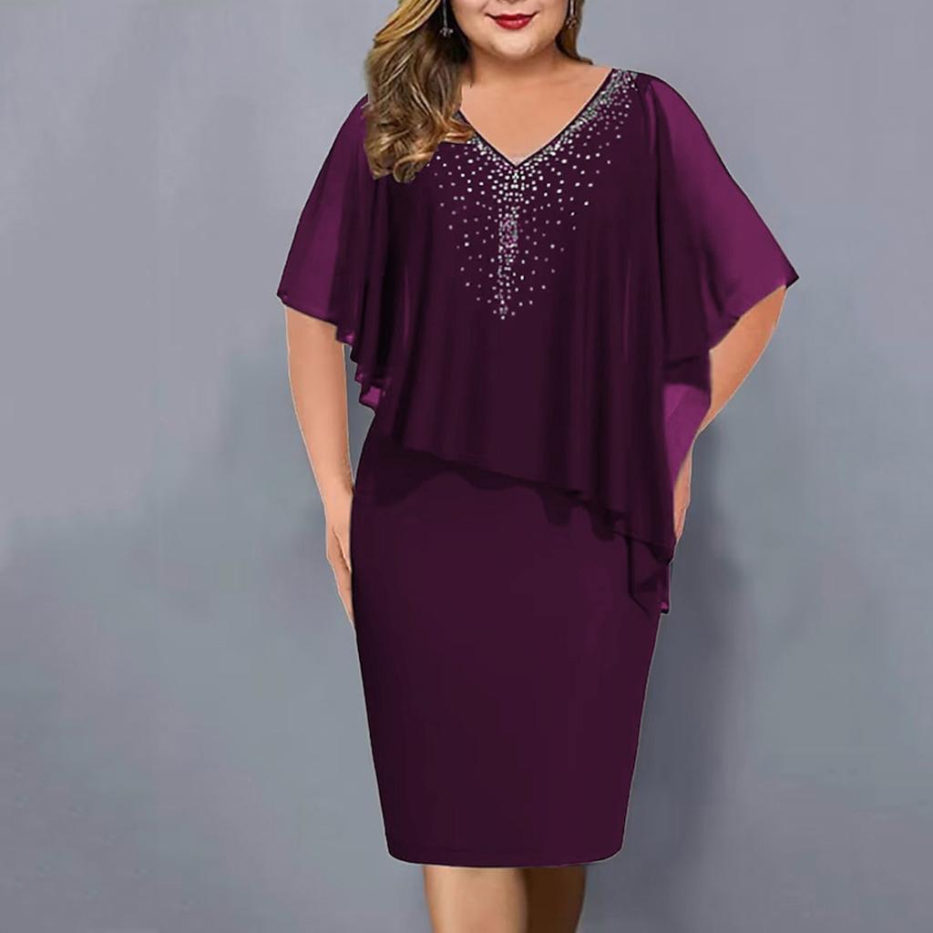 Women Plus Size V Neck Overlay Asymmetric Buttock Dress Chiffon Sequins Dress(S-5XL)