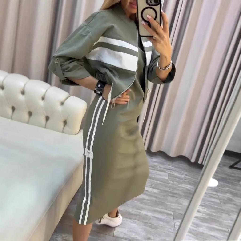 Womens Autumn Casual Zipper Green Dress Suit With Patching For Daily Wear