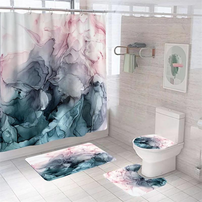 Luxe 3D Marmer Douchegordijn Set Polyester Stof Waterdicht Badkamer Gordijnen Moderne Stijl Print Badkamer Toilet Deksel Mat