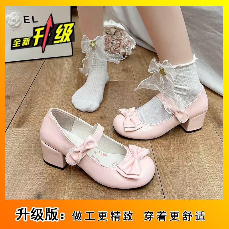 Cute girl sweet round head small leather shoes middle heel autumn and summer new original Lolita Lolita bow
