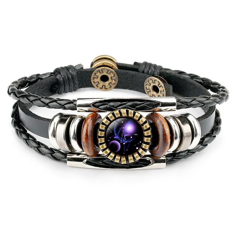 12 Sterrenbeelden Dierenriemteken Zwarte Gevlochten Leren Armband Kreeft Leeuw Maagd Weegschaal Geweven Glazen Koepel Sieraden Punk Heren Armband