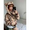 American Retro Funny Bear Ears Hooded Kawaii Dog Print Zip Up Sweatshirt Women Autumn Cutecore Zipper Cropped Clothes