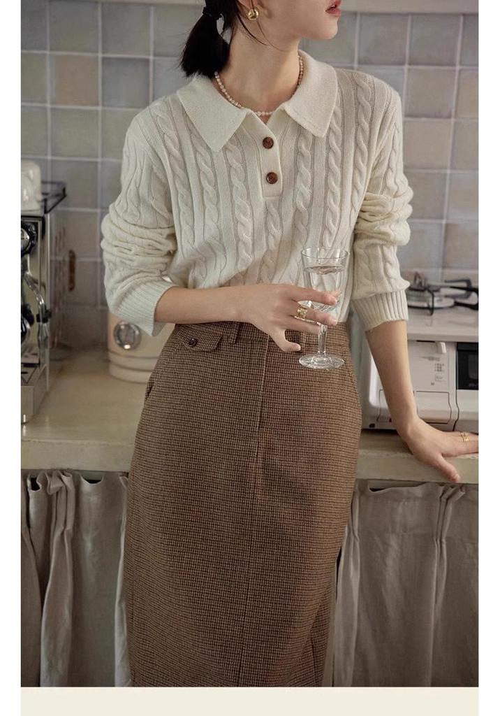 French Retro Wool Cable Knit Lapel Sweater - Women's Autumn Winter Cashmere Polo Collar Top