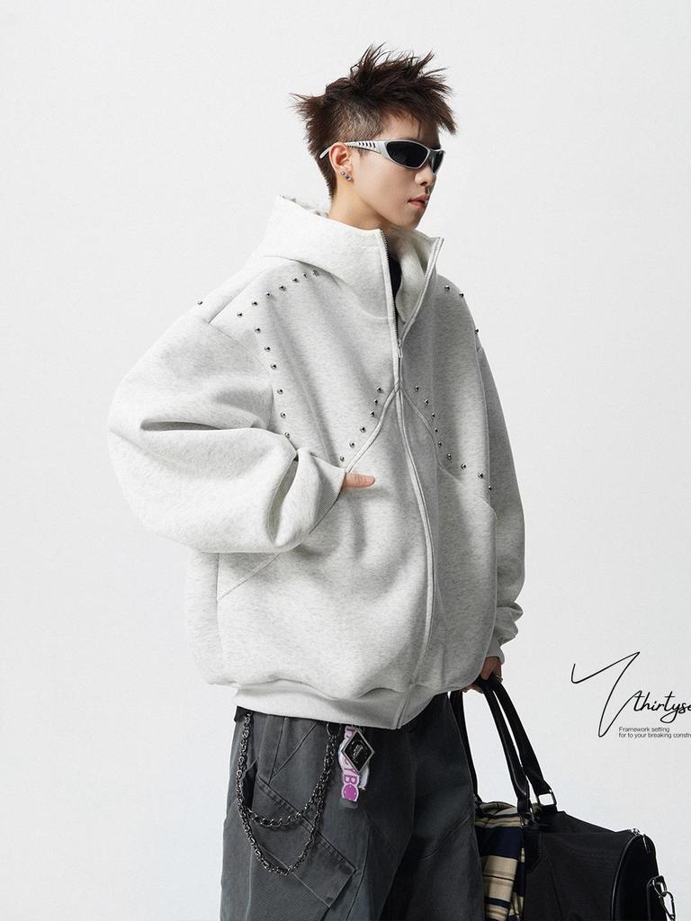 Unisex Heavyweight Rivet Hoodie Cardigan - Autumn/Winter 2025 Trendy Loose-Fit Jacket