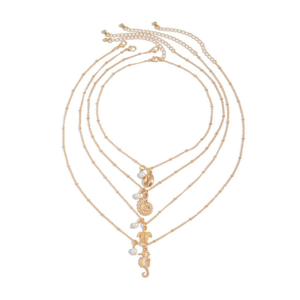 Halskette mit Anhänger im Urlaubsstil mit Seepferdchen und Schildkröte, Legierung, personalisierte Perlenkette, mehrschichtige Kette, Schlüsselbeinkette, modische Pendler-Reise-Halskette für Damen