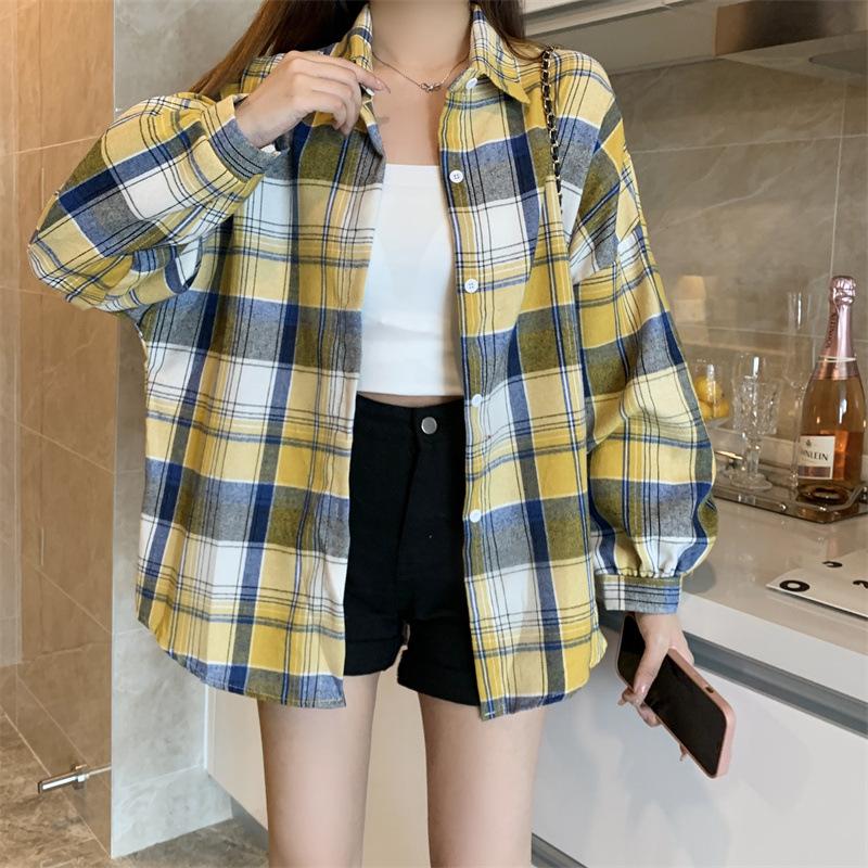 Kariertes Hemd Damen Herbst Langarm Top Weiblich Vintage Mode Einreiher Bluse Damen Preppy Style Lose Karierte Hemden