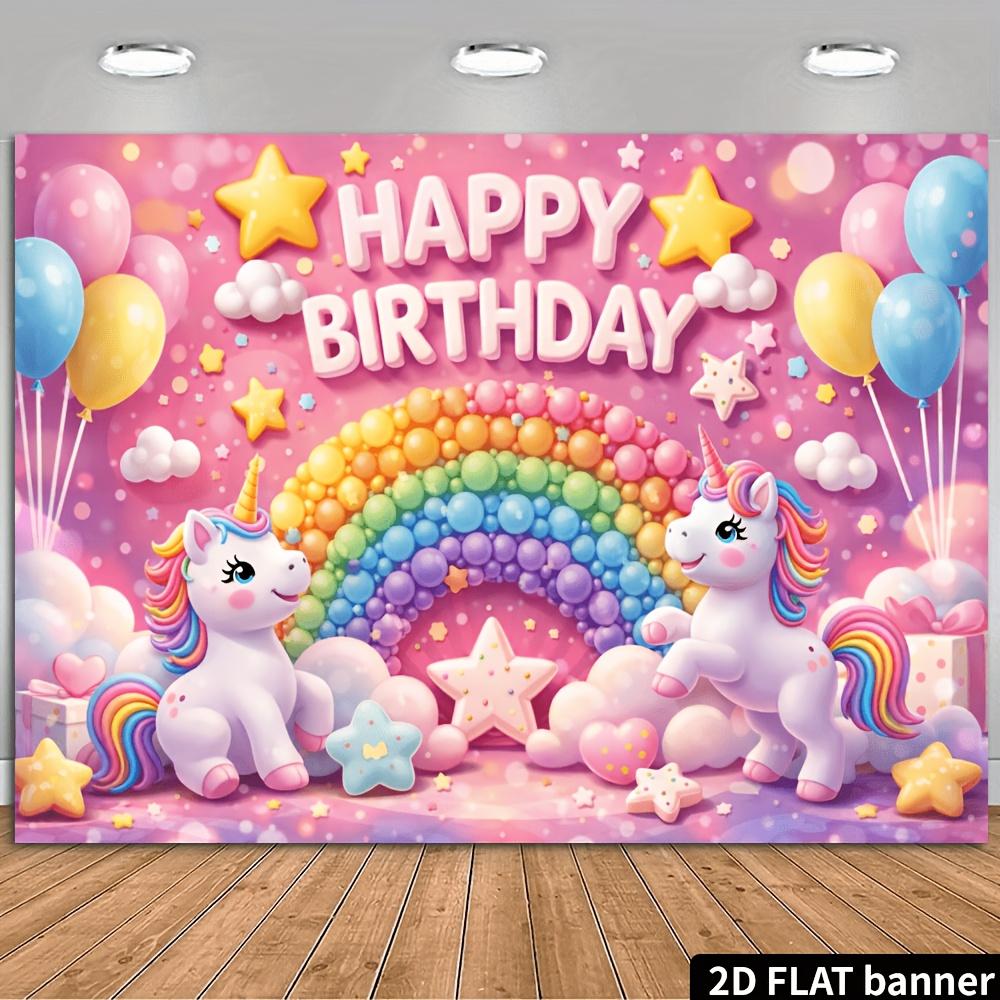 2D flaches Einhorn Süßigkeit Regenbogen Geburtstag Hintergrund rosa Hintergrund Alles Gute zum Geburtstag Thema