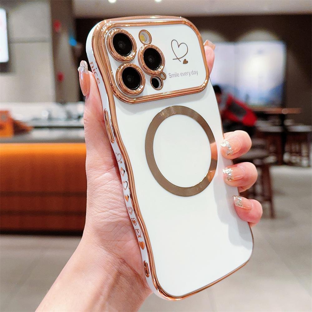 Electroplated Side Heart-shaped Large Window, iPhone 17 Phone Case, Magnetic Wave Pattern, iPhone 16 Pro Max Soft Case 15