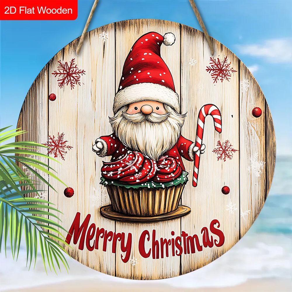 Merry Christmas Wooden Sign with Adorable Gnome Pattern - Navidad Round Sign for Front Door, Wall Hanging Decor - Ideal Christmas Decoration