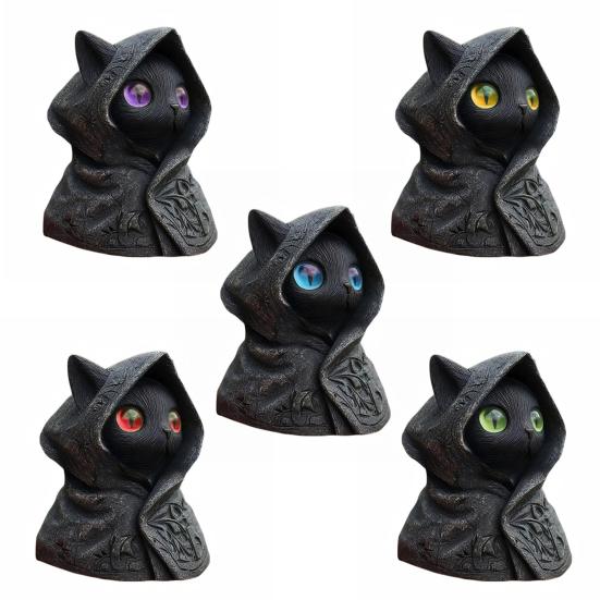 Estatua de Gato con Capucha Resina Misteriosa Figurilla de Gato Negro Gótico Mini Escultura de Gato para Mesa Decoración de Halloween Regalo para Amantes de los Gatos