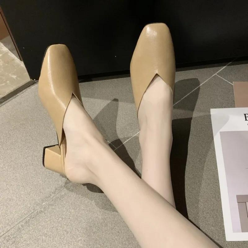 Baotou Half Slippers Women 2024 Summer New Outer Wear Solid Color Square Toe Thick Heel High-heeled Women's Shoes