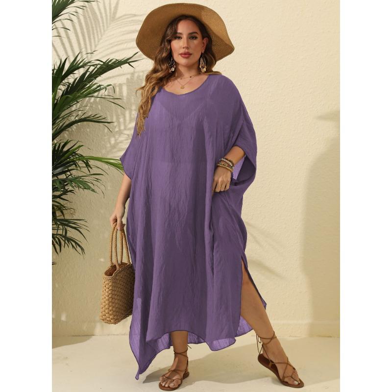 Plus Size Women's Solid Color Loose Smock Beach Holiday Split Mopping Long Dress