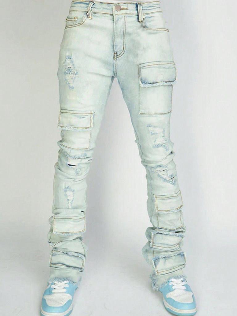 Men's European & American Fashion Elastic Flared Denim Pants with Distressed Details