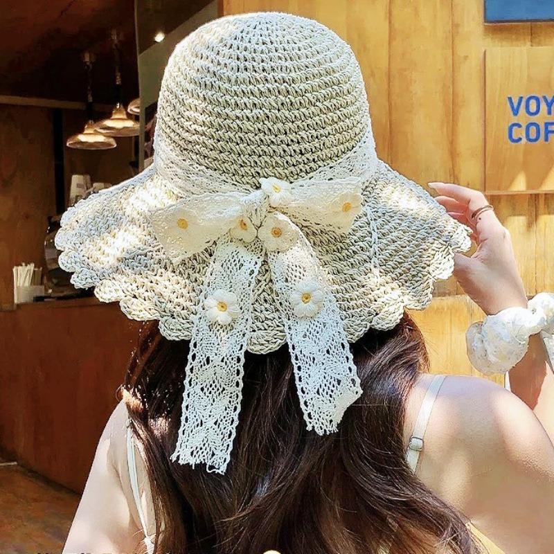 Ladies' Sun Hat Lace Little Daisy Ribbon Wide-brimmed Straw Hat Women's Summer Travel Outfit Sun Protection Open-weave Hat