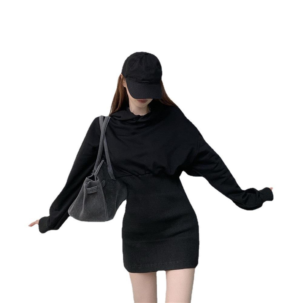 Black Hooded Sweater Dress Female Sexy Slim Fit Large Size Hip Skirt Autumn New Long-sleeved Knitted Bottoming Dress
