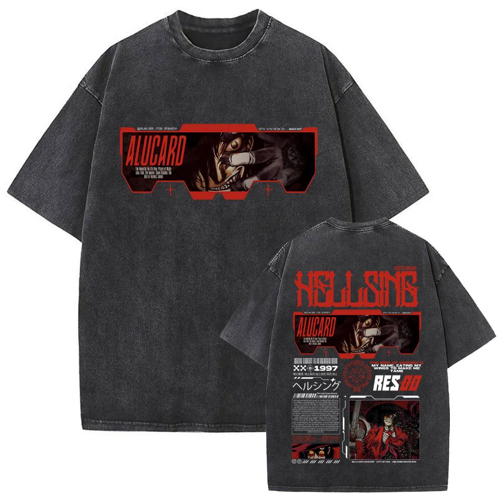 Washed Vintage Anime Hellsing Abraham Van Helsing Vampire Alucard Tshirts Men Women Fashion Casual Oversized T Shirt Streetwear