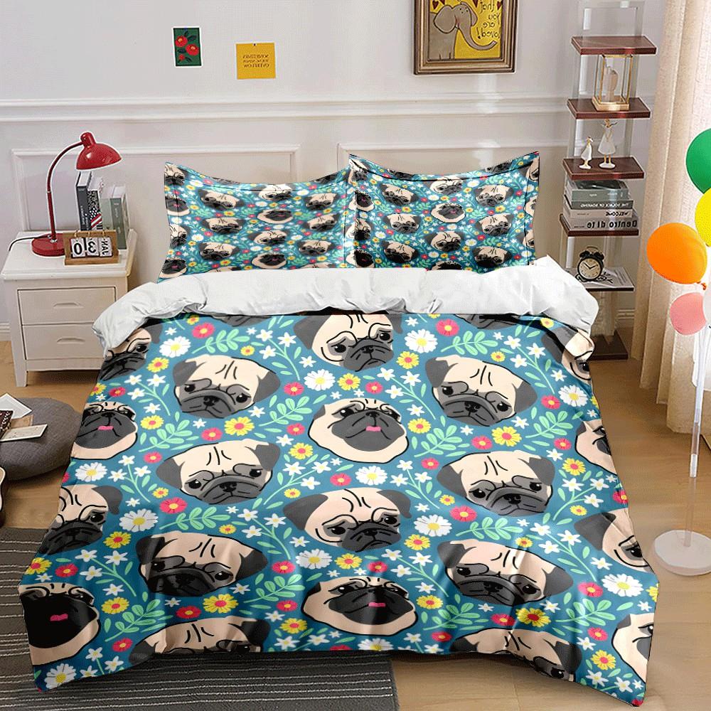Pug-Themed Floral Pattern Set Exquisite Three-Piece Bedding Set Gift For Kids And Adults