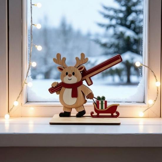Small Desktop Holiday Decor Items Christmas Wooden Tabletop Ornament, Cute Spliced Elk/Santa Claus/Snowman Decorative Wood Crafts for Home Decorations
