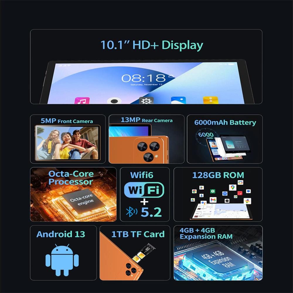 10.1" Android Tablet, Octa Core, 8GB RAM, 128GB ROM, 6000mAh Battery, GPS, WiFi, 4G