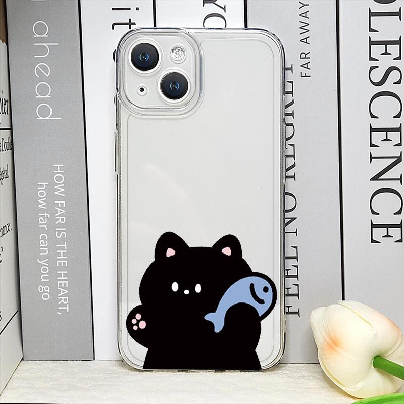 Lustiges Cartoon Katzen Fisch Paar Passendes Handyhülle für IPhone 16 15 14 11 12 13 Pro Max 7 8 Plus Mini XS XR Klares Weiches Cover Fundas