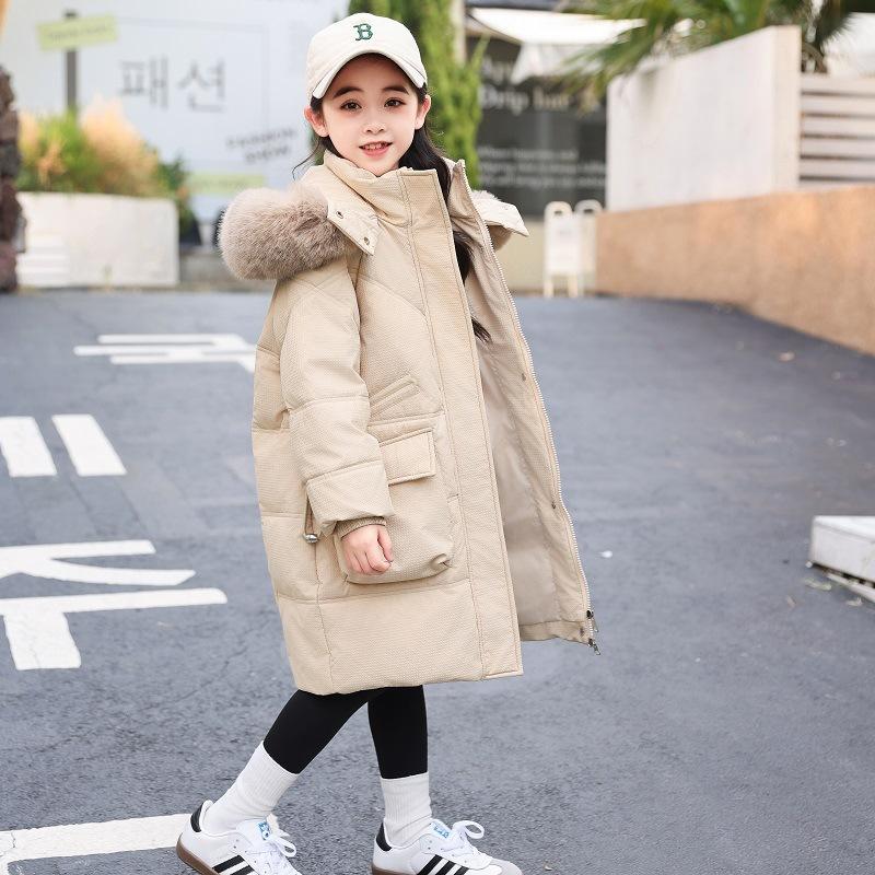 Children's Mid-length Girls Down Jacket Thick White Duck Down Korean Style Warm Student Coat