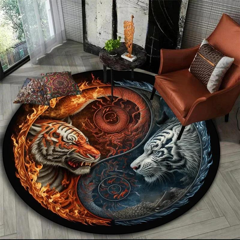 Mythical Animals Round Area Rug–Tiger,Dragon Lion with Tree of Life Fantasy Carpet for Living Room,Bedroom or Meditation Space