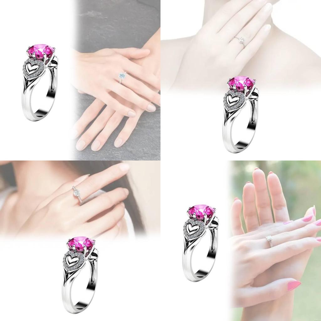 Fashionable Heart Shaped Pink Zircon Crystal Ring With Silver Plated Adjustable Band For Women