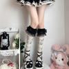 Cotton Knee Length Socks for Women Ruffle Lace Top Grunge Skull Music Note Print Stockings for Dance and Everyday Use
