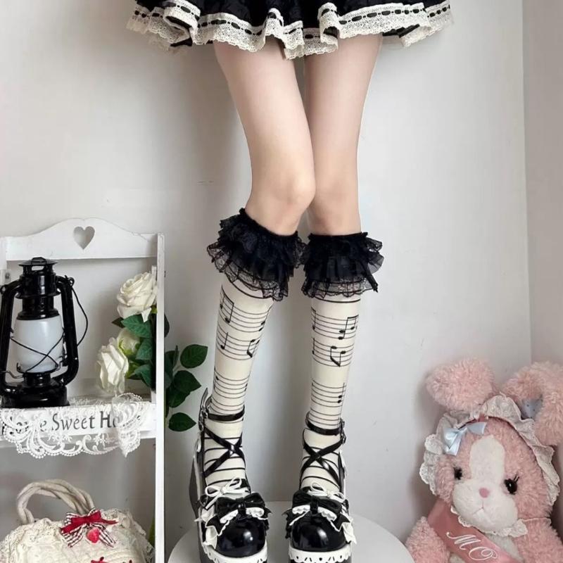 Cotton Knee Length Socks for Women Ruffle Lace Top Grunge Skull Music Note Print Stockings for Dance and Everyday Use
