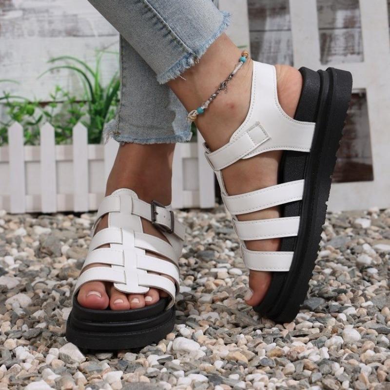 Mode Damen Sandalen Dicke Sohle Flache Römische Riemen Strandschuhe für Damen Sommer 2025 Römischer Stil Sandalen Plateau Lässige Flache Schuhe
