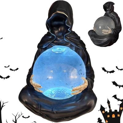 Gothic Grim Reaper Crystal Ball Statue W/ LED Light Death Crystal Ball The Death Gods Liquid Glitter Motion Lamp Halloween Decor