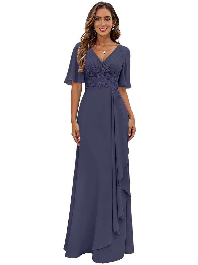 Evening Dress 1011 New V-neck Pleated Long Chiffon Party Dress Skirt Slim Swing Wedding