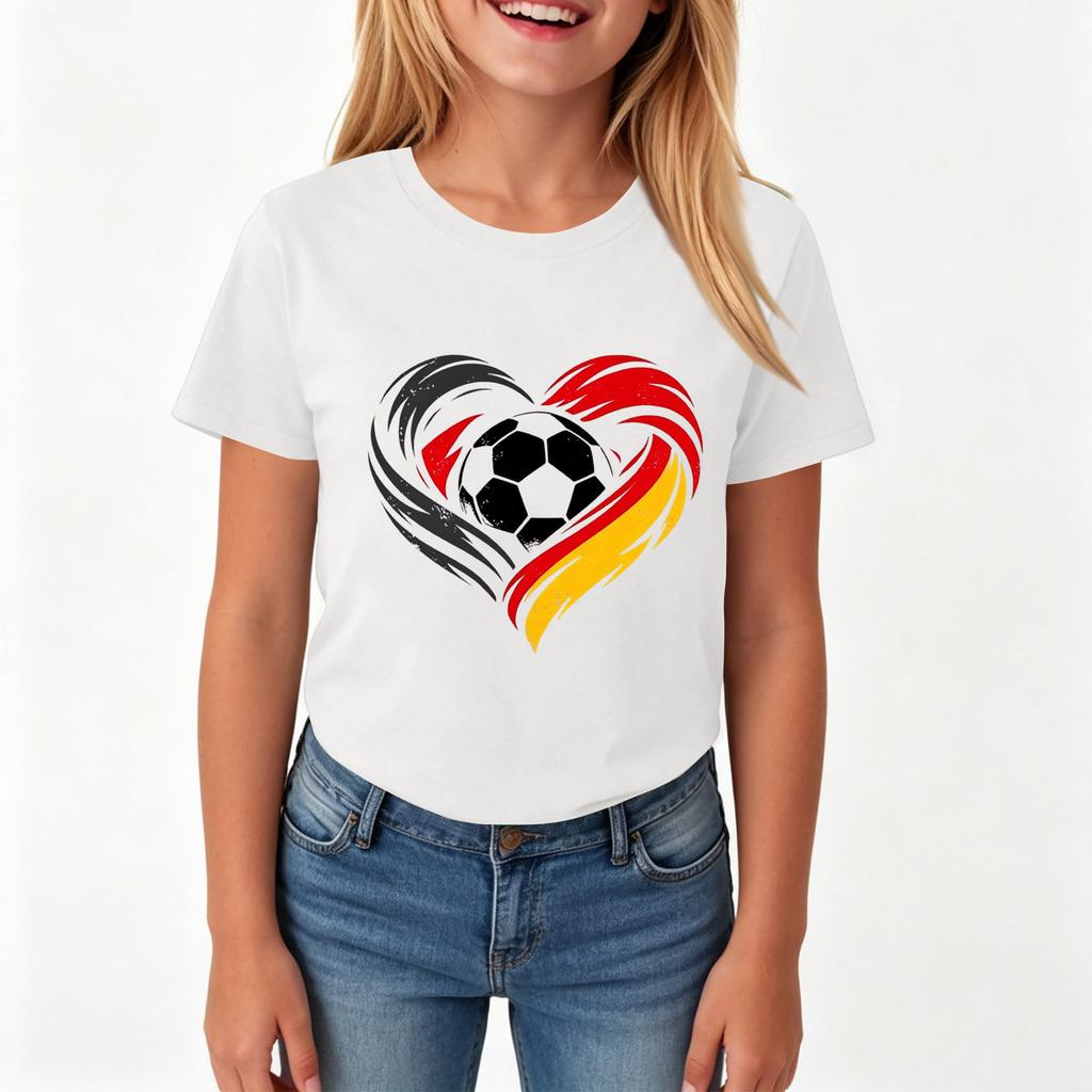Girls Casual Short Sleeve Crew Neck T Shirt with Soccer Ball and Heart Print Suitable for Everyday Wear and Outdoor Activities