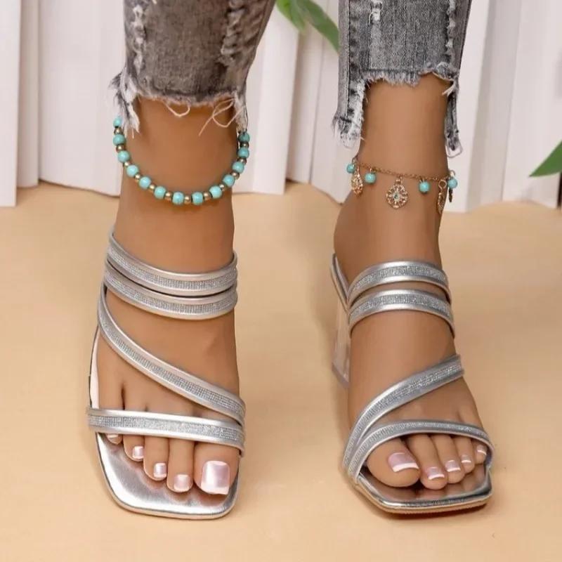 Damen Schuhe 2025 Zehenfrei Kleider Hausschuhe Damen Übergröße Kristall Eckige Zehe Klobige Hohe Absätze Modern Elegant Damen Sandalen