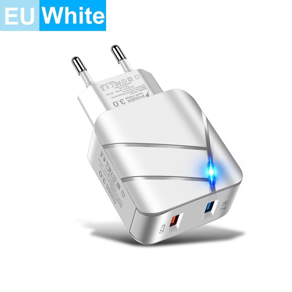 28W Lighted QC3.0+2.1A USB Universal QC3.0 Fast Charging Dual USB Port EU Plug Phone Charger Adapter for Samsung Xiaomi iPhone