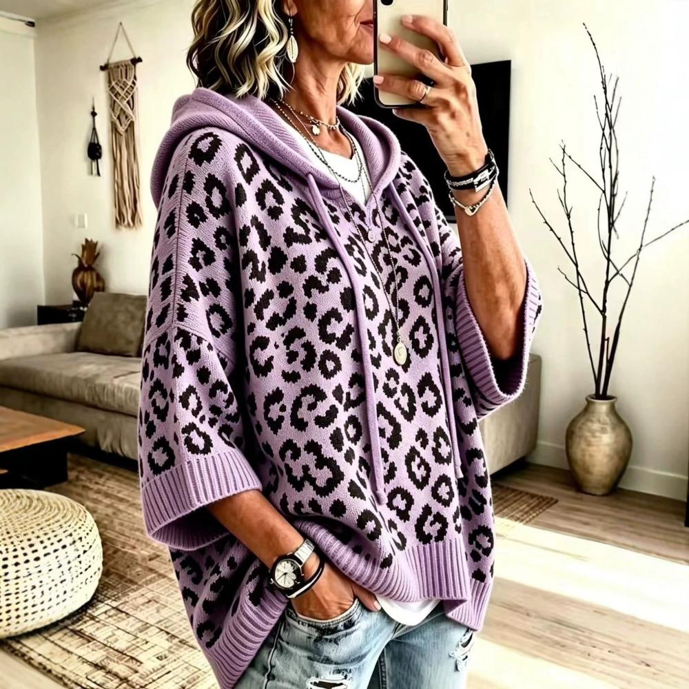 Jesień Zima Bluza Damska z Kapturem i Sznurkiem W Panterkę Luźna Oversize