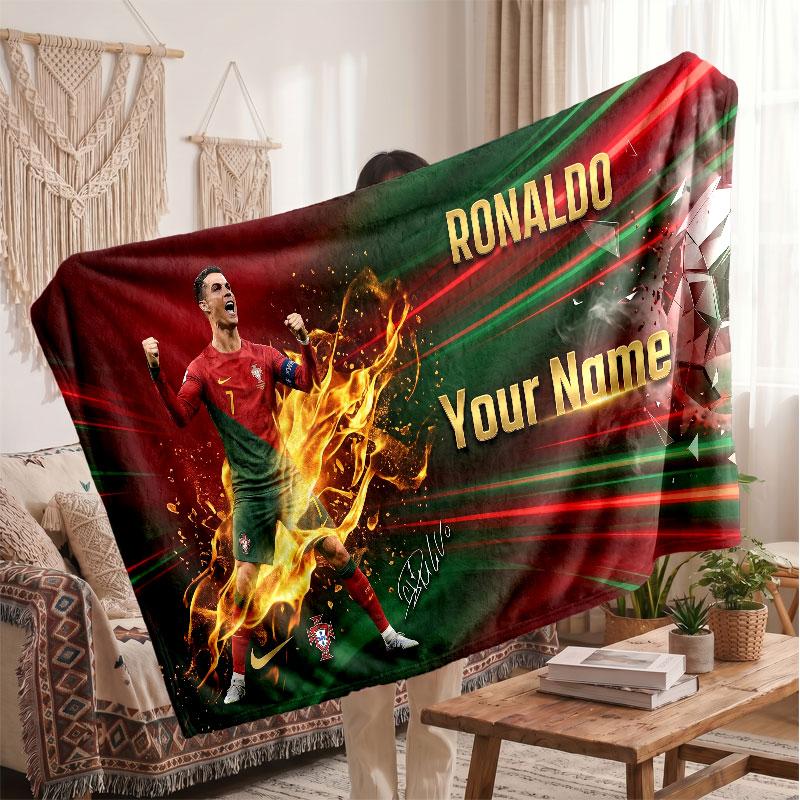 Personalisierte Fleece-Decke Cristiano Ronaldo mit Fußball-Logo, Individueller Name Text Weich Warm Home Überwurfdecke