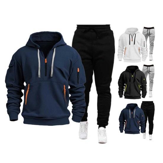 2Pcs/Set Men Sports Suit Hooded Drawstring Long Sleeve Pockets Sweatshirt Elastic Waist Trousers Set Fitness Tracksuit