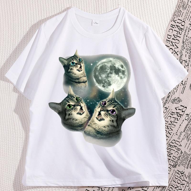 Drei Katzen Mond T-Shirt Mann Baumwolle Kurzarm Lustige Katzen Parodie T-Shirt Wolf Mond Katze Niedliches Kätzchen T-Shirt Herren Kleidung Oberteile
