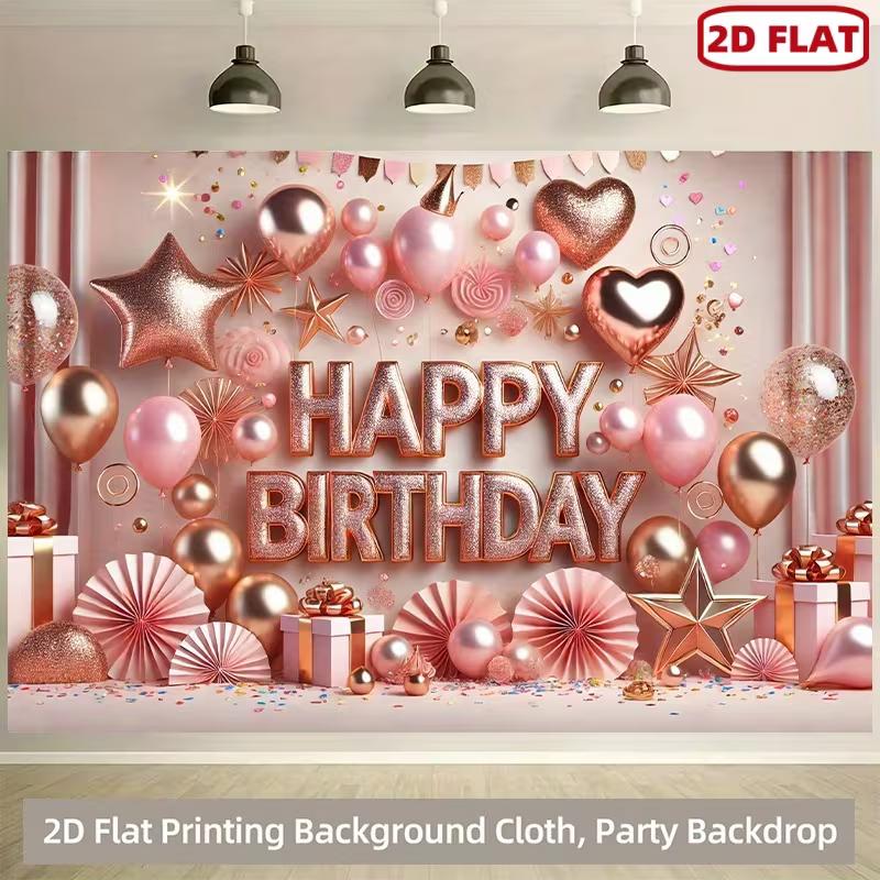 2D Elegant Rose Gold Birthday Backdrop Banner Pink Star Confetti Happy Birthday Party Decor Background