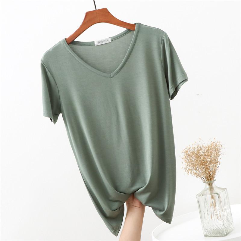 Modal V-neck Short Sleeved T-shirt for Women In Summer Solid Color Loose Fit Slimming Top Thin Fit Plus Size Base Shirt Women’s