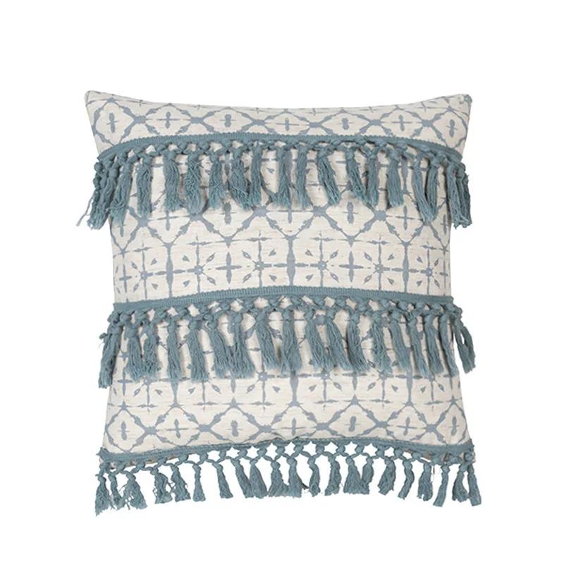 Boho Vintage Pillow Cover 45x45 Cm, Blue Decorative Cushion Cover with Tassles for Sofa Armchair, Living Room Bedroom Decor